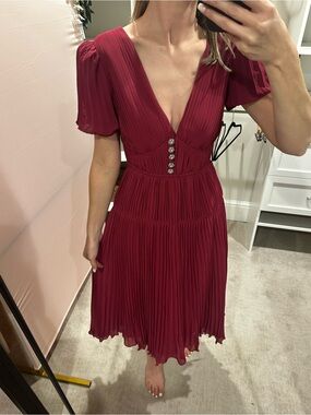Self-Portrait Burgundy Pleated V-Neck Midi Dress